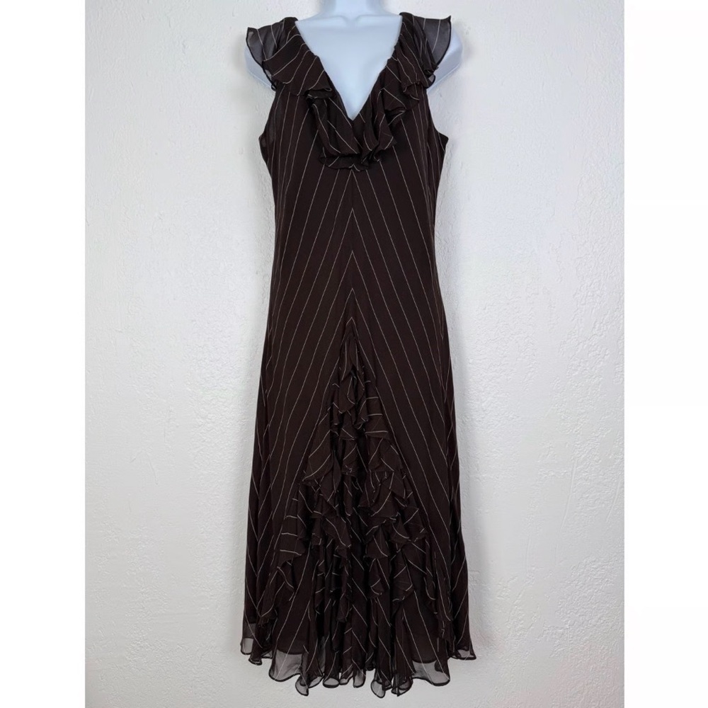 Lauren Ralph Lauren Brown Pinstripe Ruffle Midi Dress